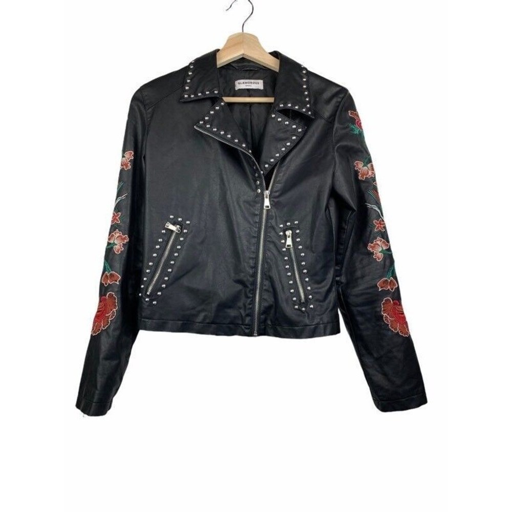 Glamorous Womens Motorcycle Jacket Black Embroidered Studded Asymmetric Zip S